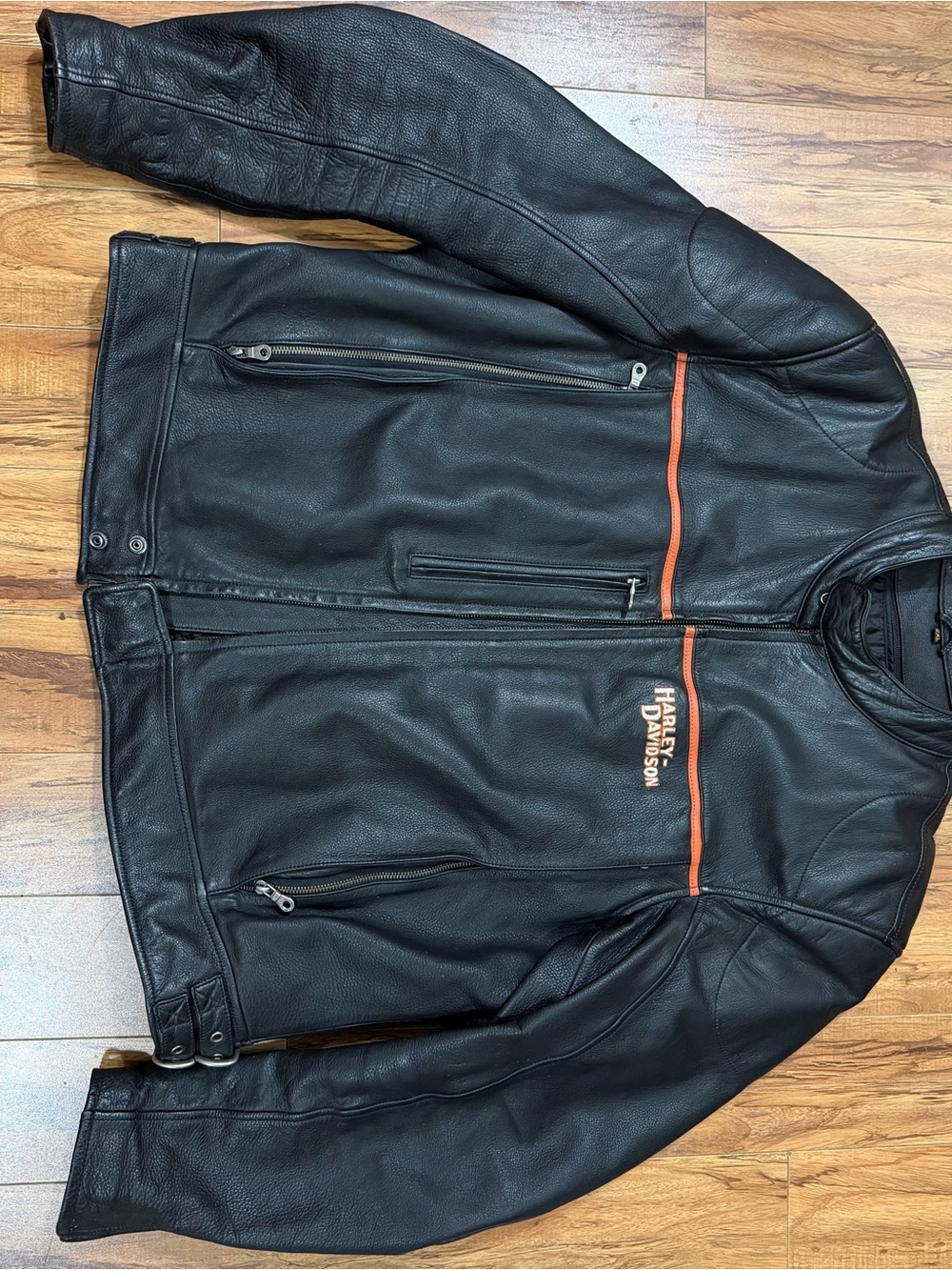 Harley-Davidson Black Leather Bomber Jacket with Orange Accents